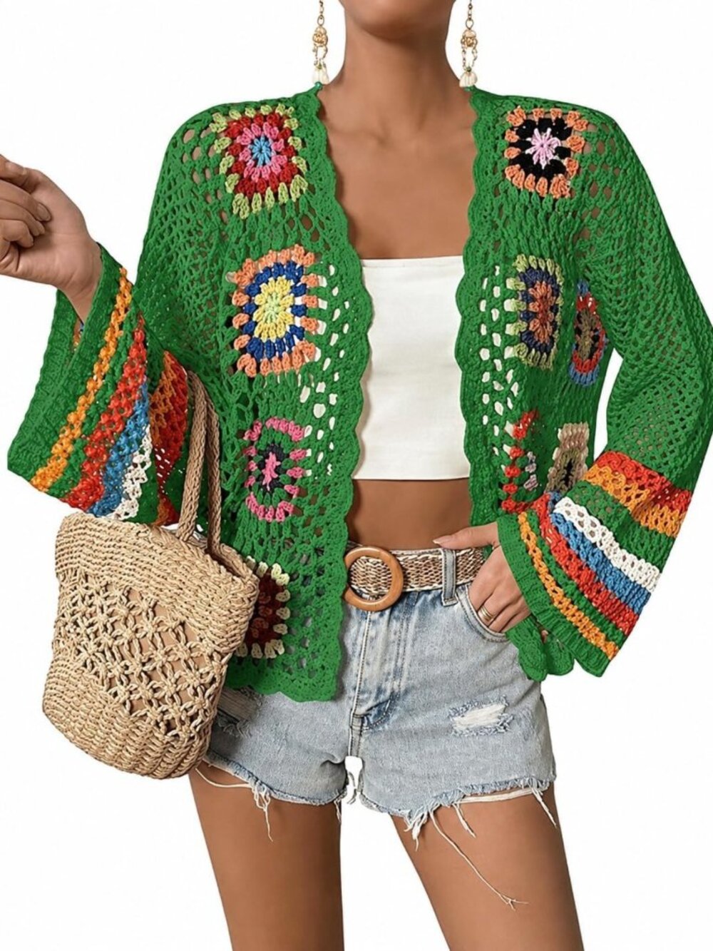 Boho Floral Crochet Cardigan Sweater - Open Front, Long Sleeve Y2K Retro Top